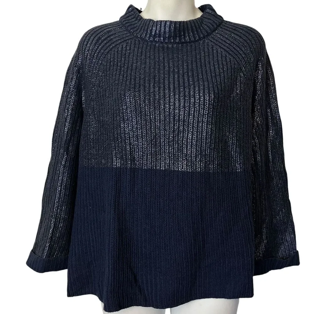 Chicos Womens Cotton Blend Navy Metallic Long Sleeve Chunky Knit Sweater 2 L